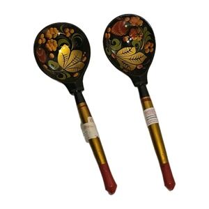 Vintage Russian Khokhloma Hand-Painted Wooden Spoons Set of 2 | Folk Art USSR 🍂